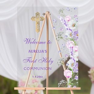 Aquarell Fliederblüten First Communion Willkommen Acrylschild