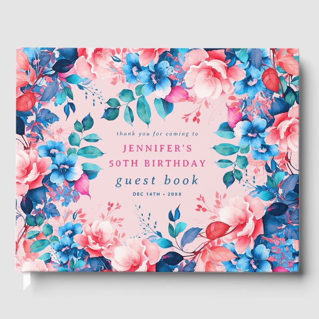 Aquarell Floral 50. Geburtstag Gästebuch Blush (Vorderseite)