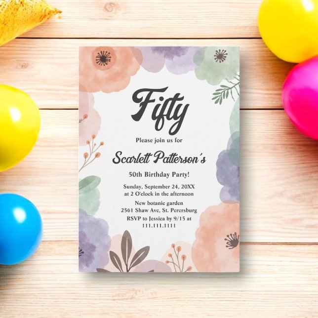 Aquarell Floral Abstrakt 50. Geburtstag Einladung (Von Creator hochgeladen)