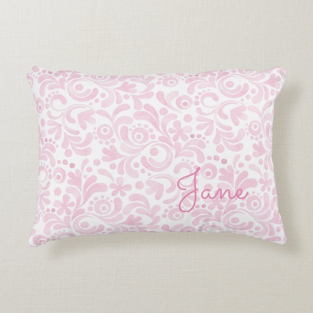 Aquarell Floral Art NAME Rosa Weiß Girlanisch süß Dekokissen (Vorderseite)