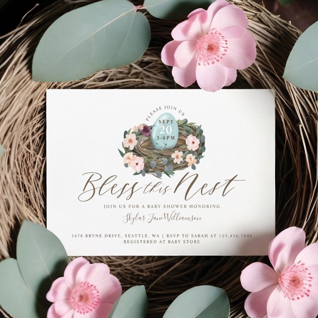 Aquarell Floral Baby Boy Bird Nest Baby Dusche Einladung (Watercolor Floral Baby Boy Bird Nest Baby Shower Invitation)