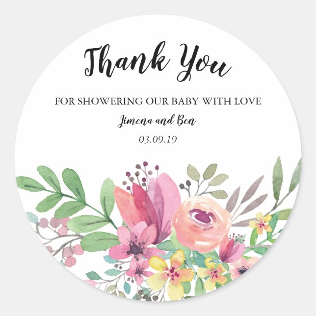Aquarell Floral Baby Dusche Vielen Dank Runder Aufkleber (Vorderseite)
