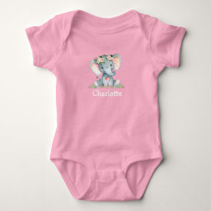 Aquarell Floral Baby Elephant Baby Pink White Strampler