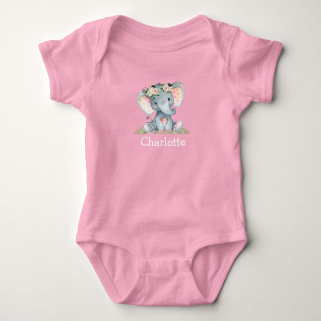 Aquarell Floral Baby Elephant Baby Pink White Strampler (Vorderseite)