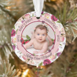 Aquarell Floral Baby's First Christmas Foto Orn Ornament<br><div class="desc">Ein wunderschöner Blumenkranz in Aquarellfarbe und ein bordeauxroter Blumenkranz umgeben das Foto Ihres wertvollen Babys in der Mitte, gerahmt von einem tiefrosa Rose und einem dunkelrot-rosa Rundring und dem Text "Baby's First Christmas". Fügen Sie einfach den Namen Ihres Babys unten und das Jahr vorne und die Geburtenstatistik hinten hinzu. Auf...</div>