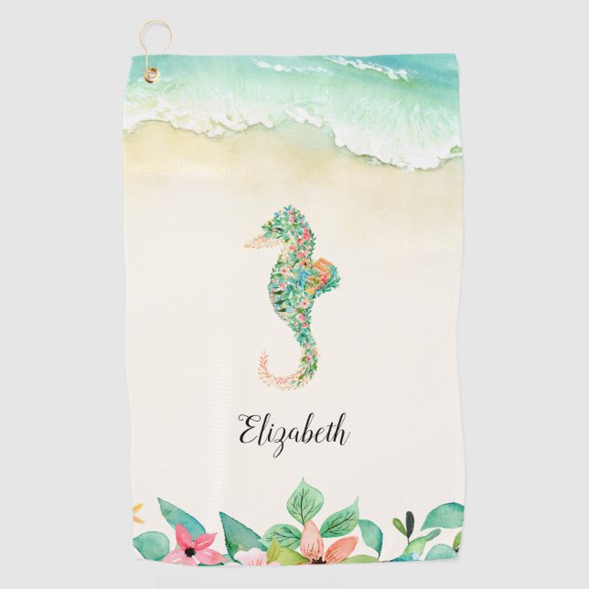 Aquarell Floral Beach Seepferd Personalisiert Golfhandtuch (Vorderseite)