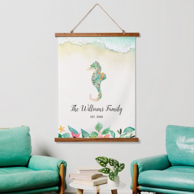 Aquarell Floral Beach Seepferd Personalisiert Wandteppich Mit Holzrahmen (Wohnzimmer)
