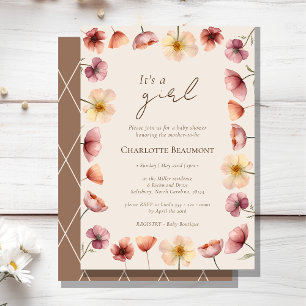 Aquarell Floral Beige It's A Girl Baby Shower Einladung