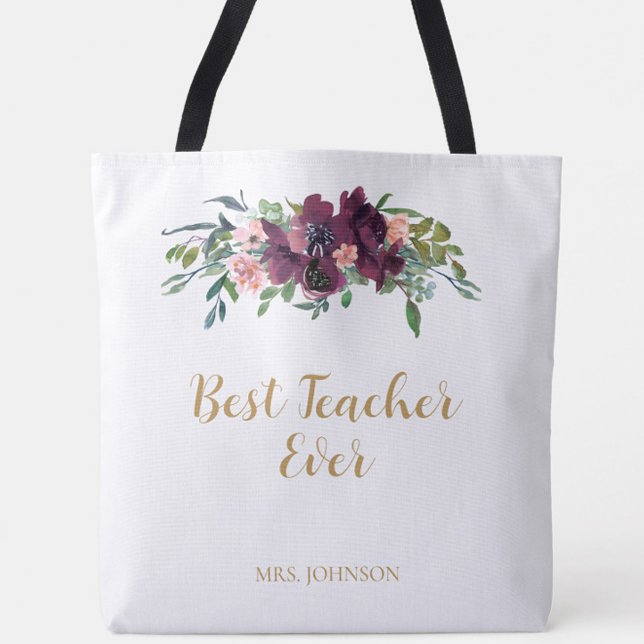 Aquarell Floral Bester Lehrer je Tasche (Watercolor Floral Best Teacher Ever Personalized Tote Bag - a classic gift for your child's teacher)