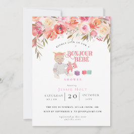 Aquarell Floral Bonjour Girl Baby 2 Einladung
