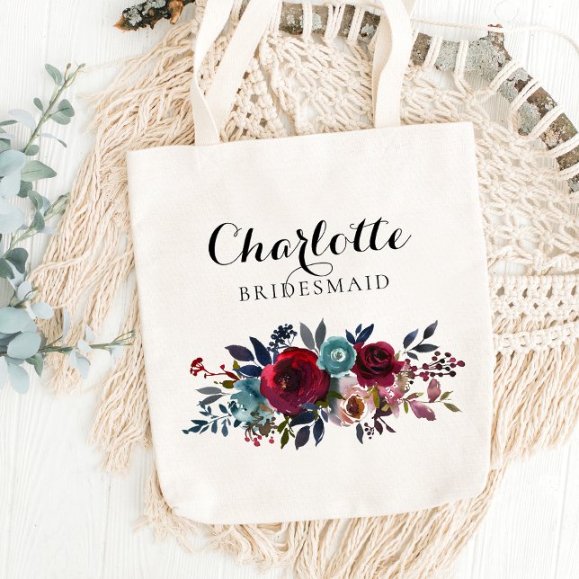 Aquarell floral Burgund Bridesmaid Hochzeitsgesche Tragetasche (Von Creator hochgeladen)