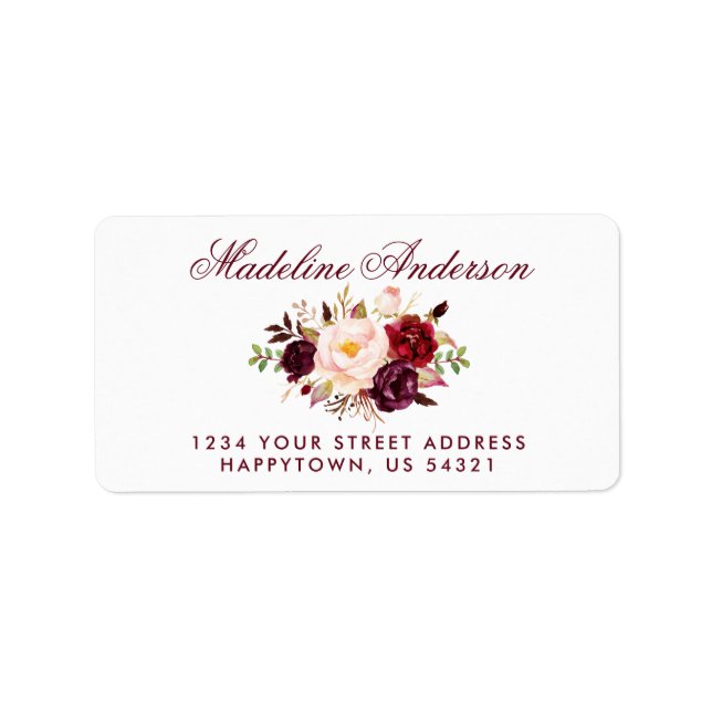 Aquarell Floral Burgundy Adresse Adressaufkleber (Vorne)
