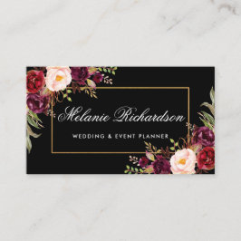 Aquarell Floral Burgundy Black Gold Visitenkarte