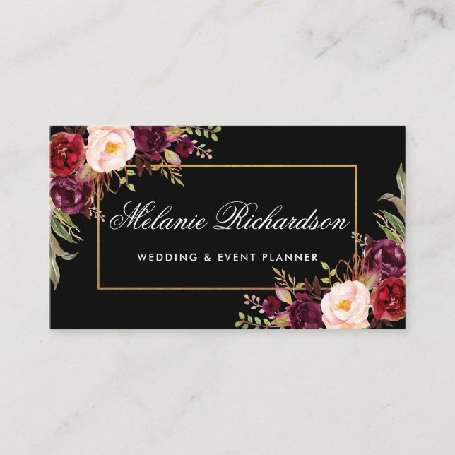 Aquarell Floral Burgundy Black Gold Visitenkarte (Vorderseite)