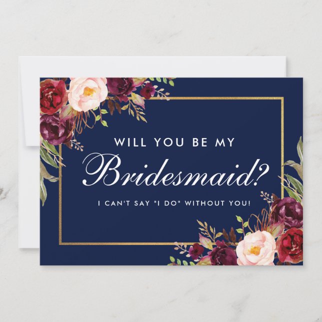 Aquarell Floral Burgundy Blue Bridesmaid Einladung (Vorderseite)
