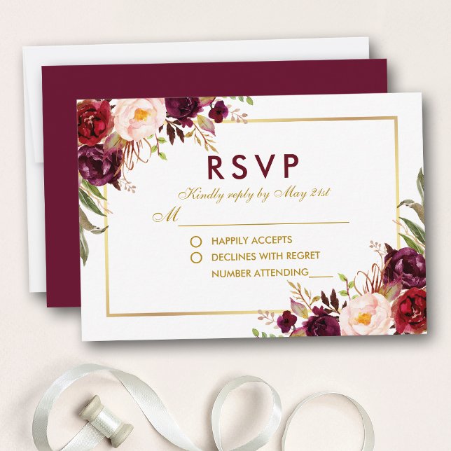 Aquarell Floral Burgundy Gold Wedding RSVP BG (Customize to change text color, style, add text & photos to back or change color of back of card.)