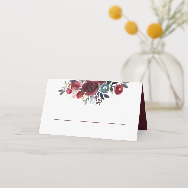 Aquarell Floral Burgundy Platzkarte (Vorderseite)
