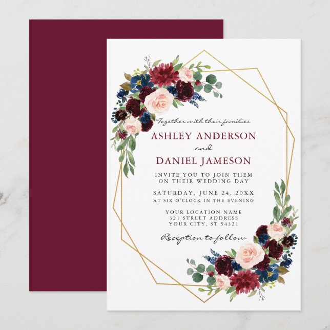 Aquarell Floral Burgundy Wedding Geometric Gold Einladung (Vorne/Hinten)