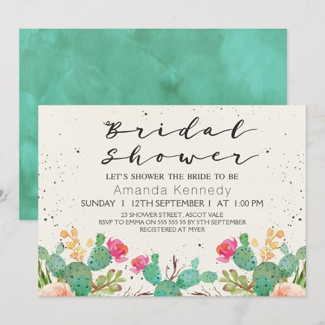 Aquarell Floral Cactus Bridal Dusche Einladung (Vorne/Hinten)