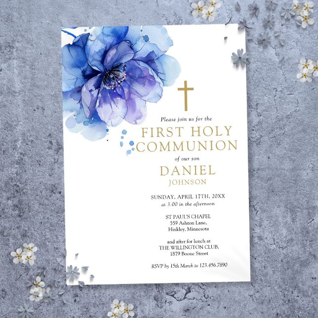 Aquarell Floral Dusty Blauer Erste Heilige Kommune Einladung (Watercolor Floral Dusty Blue First Holy Communion Invitation)