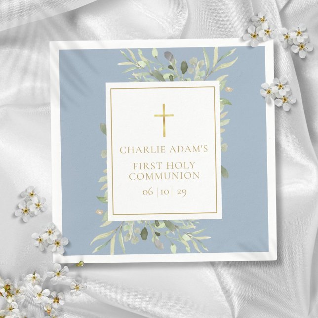 Aquarell Floral Dusty Blauer Erste Heilige Kommune Serviette (Watercolor Floral Dusty Blue First Holy Communion Napkins)