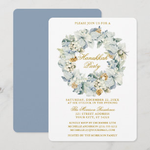 Aquarell Floral Dusty Blue Hanukkah Party Gold Einladung