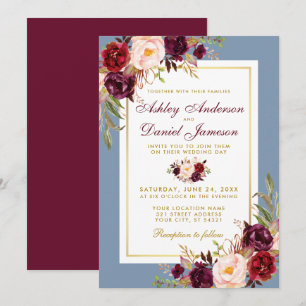 Aquarell Floral Dusty Blue Wedding Burgundy Einladung