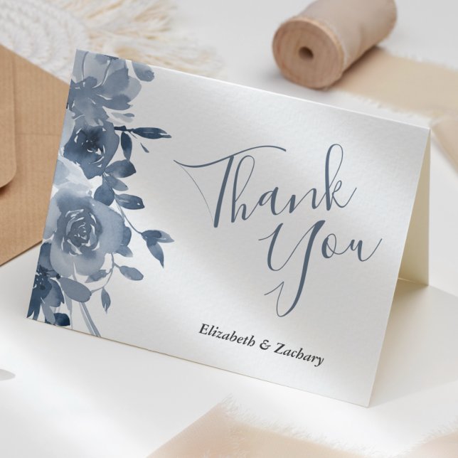 Aquarell Floral Dusty Blue Wedding Vielen Dank Karte (Von Creator hochgeladen)