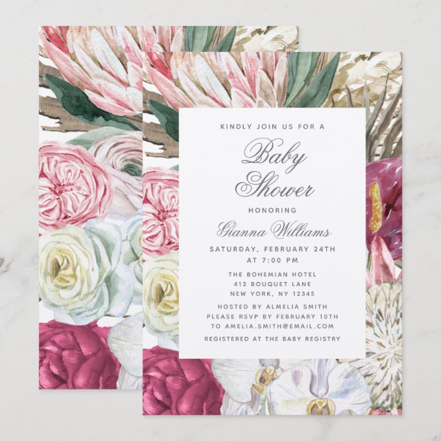 Aquarell Floral Elegante Babydusche Einladung (Vorne/Hinten)