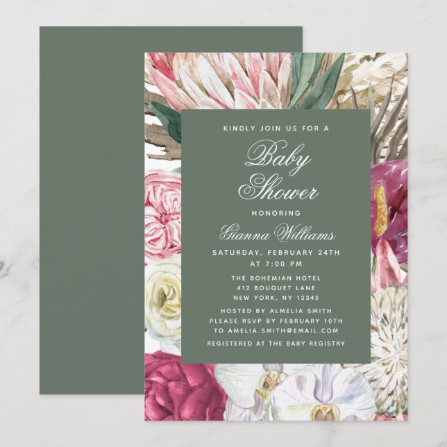 Aquarell Floral Elegante Babydusche Einladung (Vorne/Hinten)