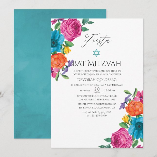 Aquarell Floral Fiesta Bat Mitzvah Einladung (Vorne/Hinten)
