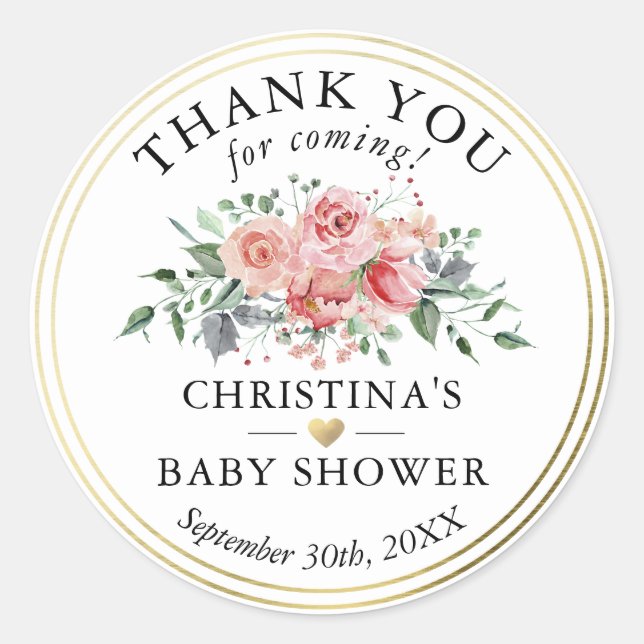 Aquarell Floral Gold Baby Dusche Vielen Dank Runder Aufkleber (Vorderseite)