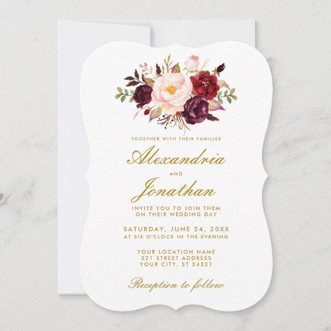 Aquarell Floral Gold Burgundy Wedding BR Einladung (Vorderseite)