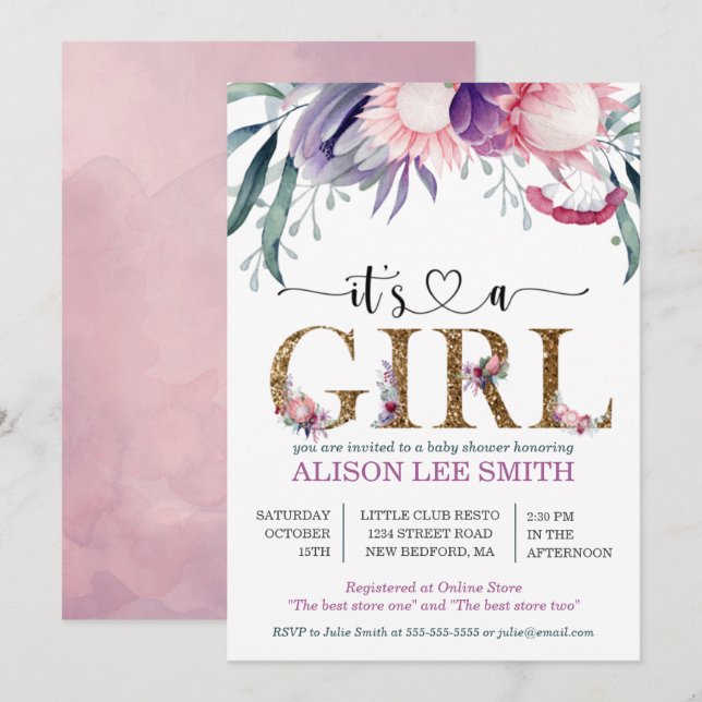 Aquarell Floral & Gold "The A Girl" Kinderdusche (Vorne/Hinten)