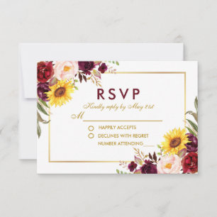 Aquarell Floral Gold Wedding Burgundy RSVP Karte