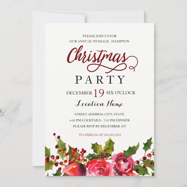 Aquarell Floral Holly Wreath Weihnachtsfest Party Einladung (Vorderseite)