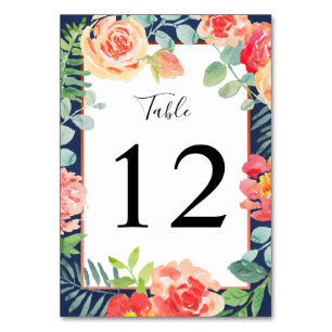 Aquarell Floral Koralle Marinegrün Blätter Hochzei Tischnummer