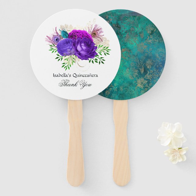 Aquarell Floral Mardi Gras Quinceañera Fächer (Vorne und Hinten)