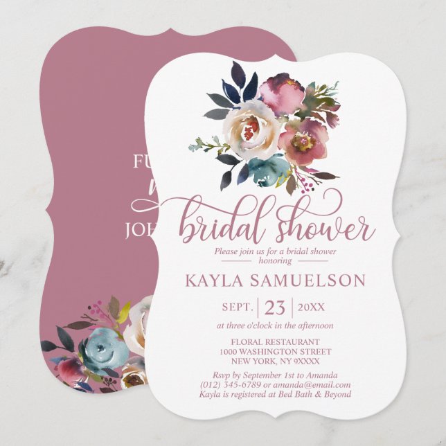 Aquarell Floral Mauve Rose Brautparty Einladung (Vorne/Hinten)