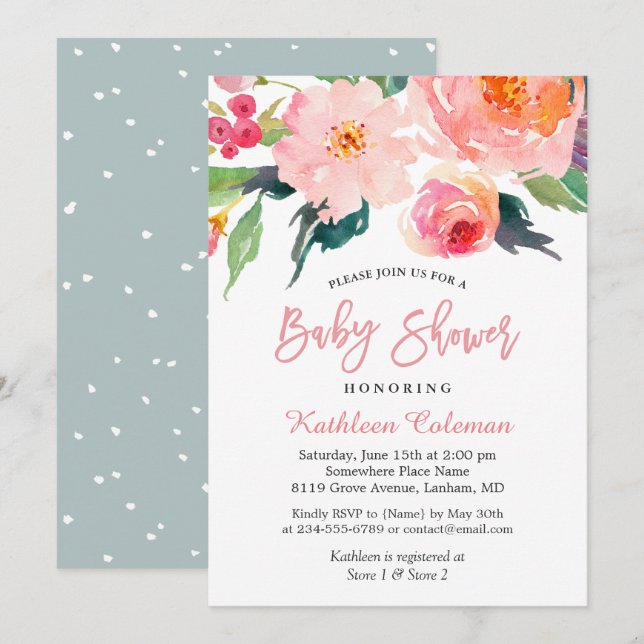 Aquarell Floral Moderne, klassische Babydusche Einladung (Vorne/Hinten)