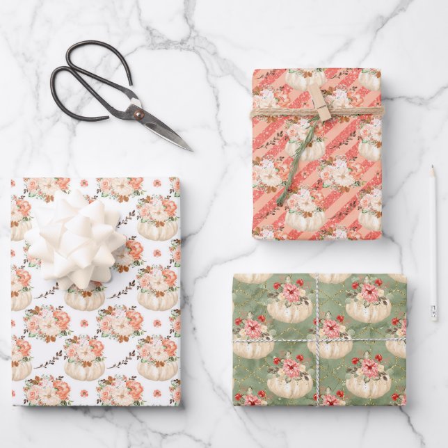 Aquarell Floral Pumpkin Birthday Baby Dusche Geschenkpapier Set (Vorderseite)