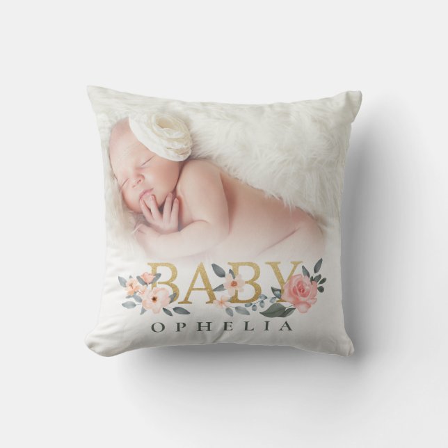 Aquarell Floral Rose Baby Foto Individuelle Name Kissen (Vorderseite)