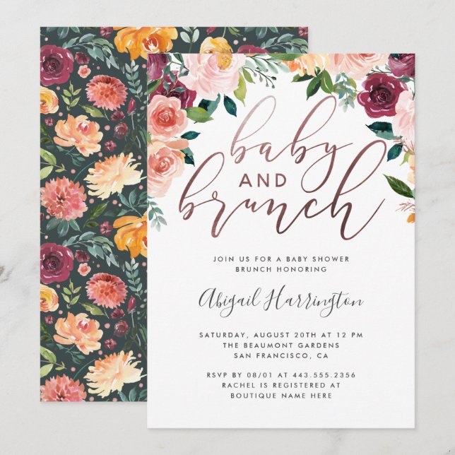 Aquarell Floral Rose Gold Brunch Babydusche Einladung (Vorne/Hinten)