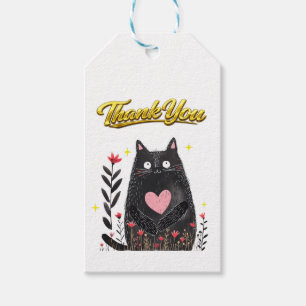 Aquarell Floral Schwarze Katze mit Herz Danke Geschenkanhänger