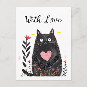 Aquarell Floral Schwarze Katze Rosa Herz Mit Liebe Postkarte