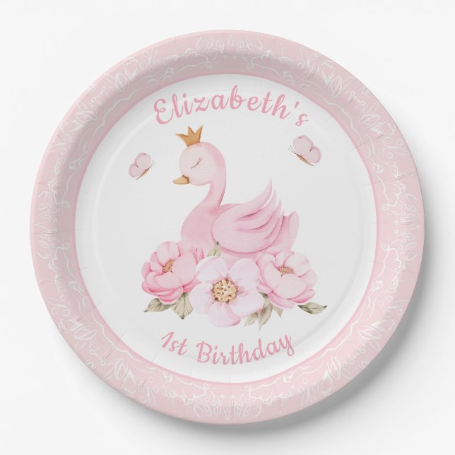 Aquarell Floral Swan Princess Birthday Pappteller (Vorderseite)