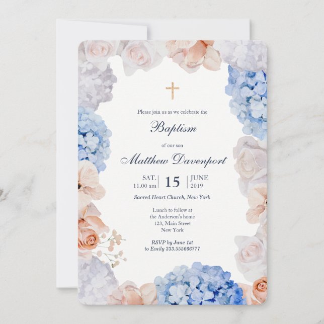 Aquarell Floral Taufen Einladung Junge und Mädchen (Vorderseite)