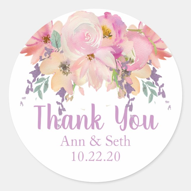 Aquarell Floral Vielen Dank Gastgeschenk Hochzeit Runder Aufkleber (Vorderseite)