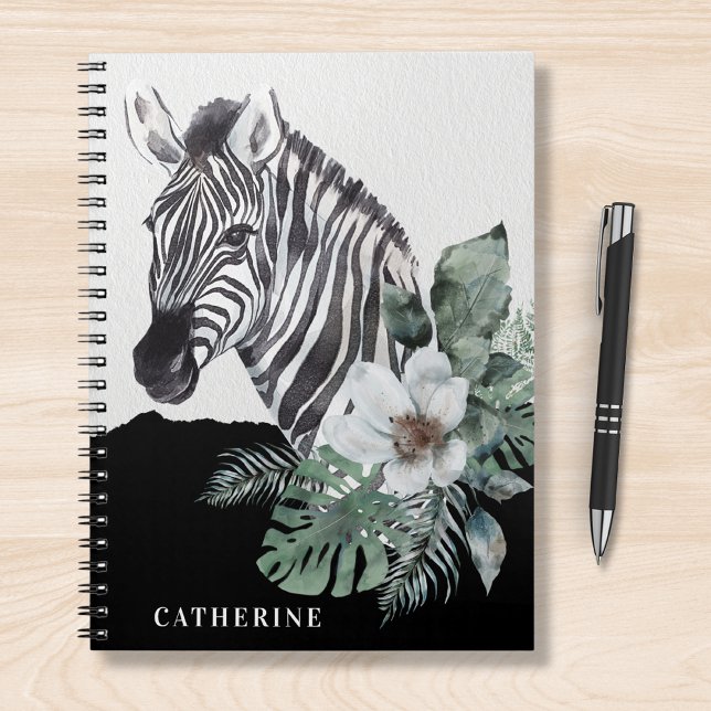 Aquarell Floral Wild Zebra Personalisierter Name Notizblock (Von Creator hochgeladen)