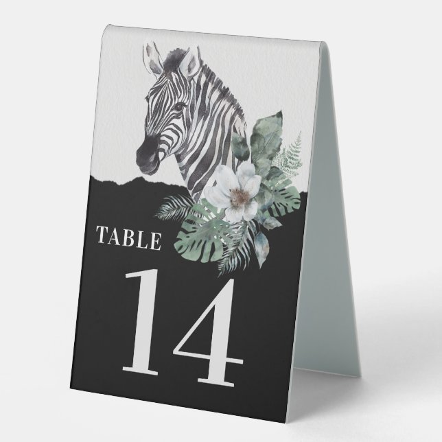 Aquarell Floral Wild Zebra Safari Tischnummern Tischaufsteller (Vorderseite)